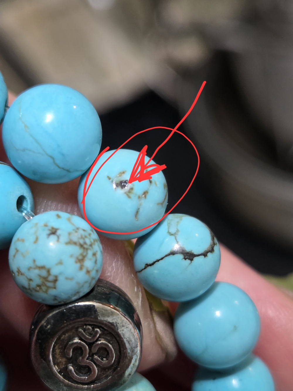 Vintage Natural Turquoise Bead Necklace with Pyrite Inclusions & Om Charm